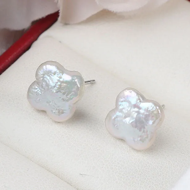 Baroque Four-Leaf Clover Pearl Stud Earrings