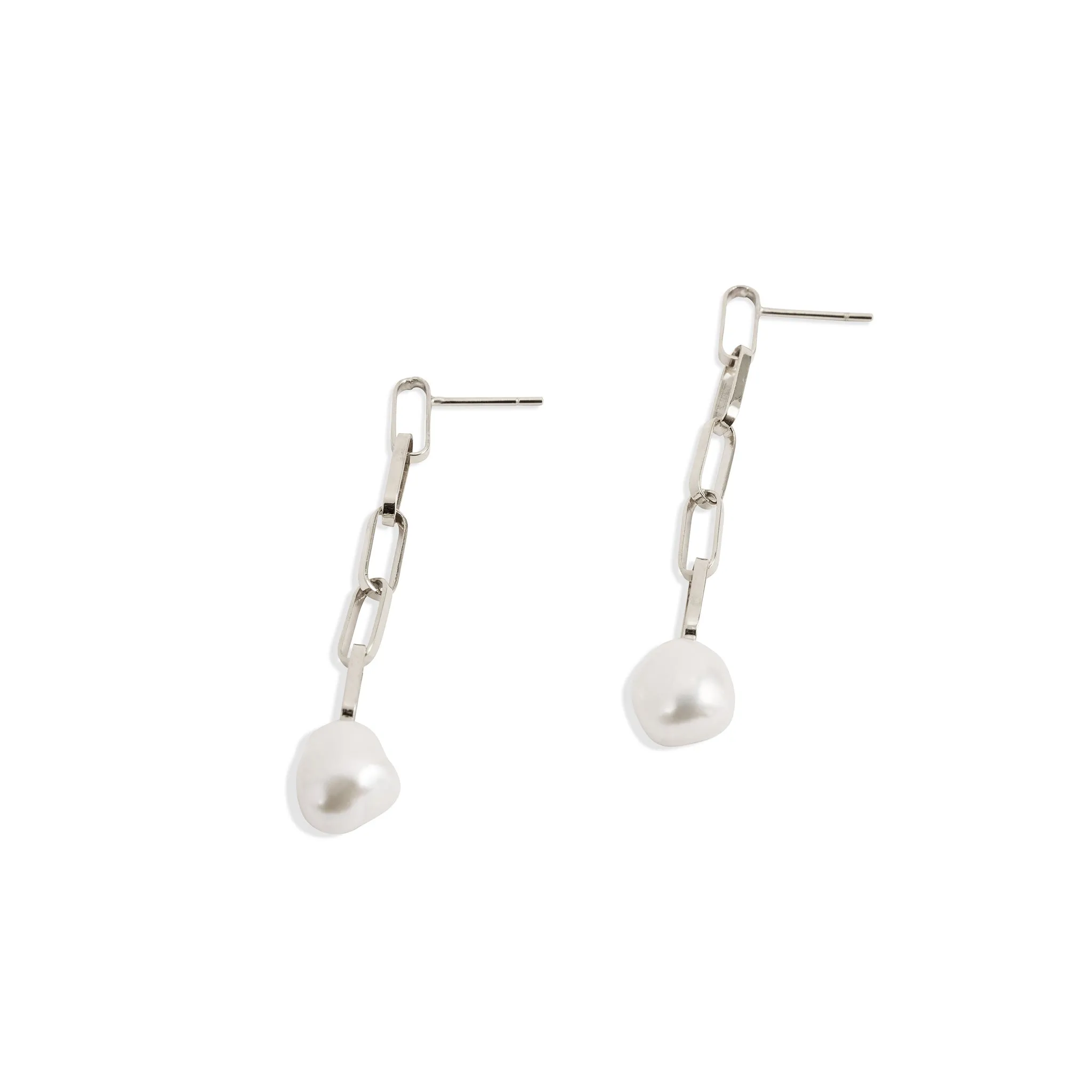 Baroque Pearl Drop Long Silver Link Earrings