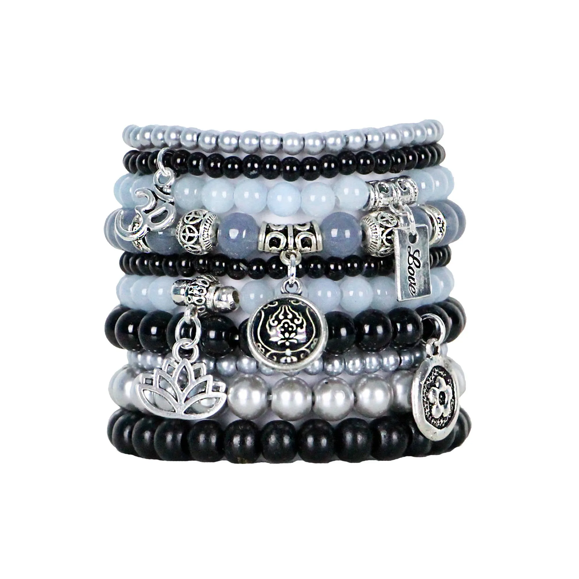 Beaded Bracelets Set of 10 Stretch Bracelets Bohemian Themed Stack in Classic Black and Silver Greys