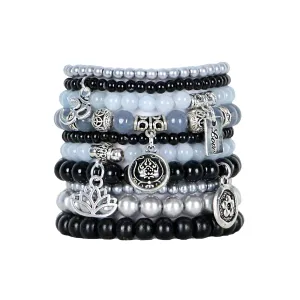 Beaded Bracelets Set of 10 Stretch Bracelets Bohemian Themed Stack in Classic Black and Silver Greys