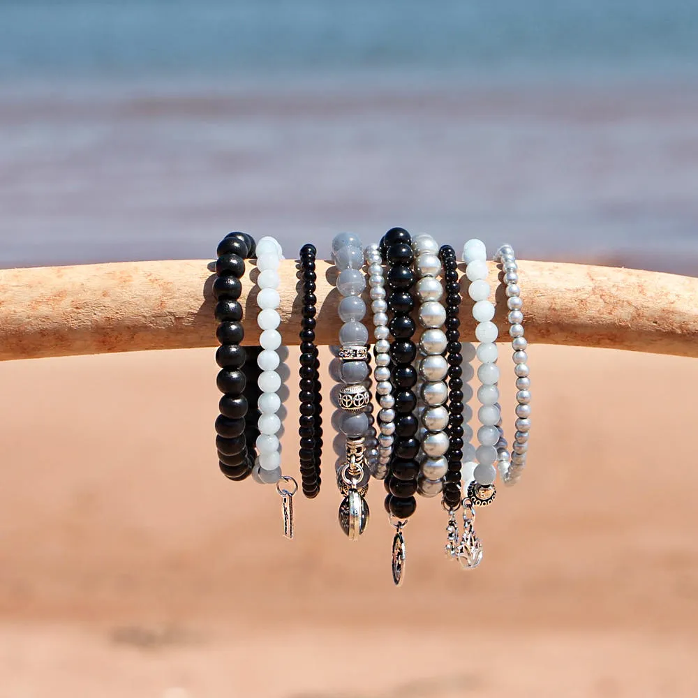 Beaded Bracelets Set of 10 Stretch Bracelets Bohemian Themed Stack in Classic Black and Silver Greys