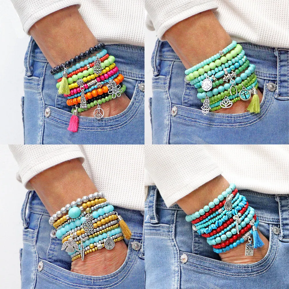 Beaded Bracelets Set of 11 Stretch Bracelets Bohemian Buddha Themed