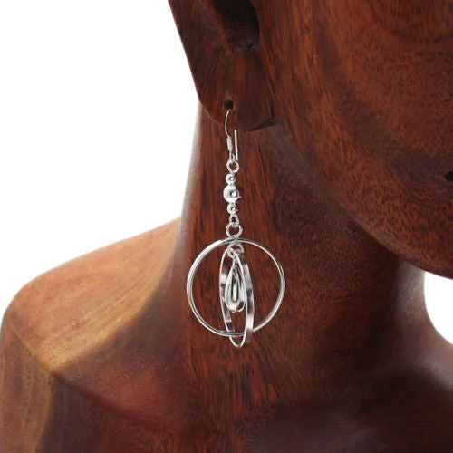 Beautiful and Unique Sterling Silver Teardrop Hanging Inside Interlocking Rings Hook Earrings.