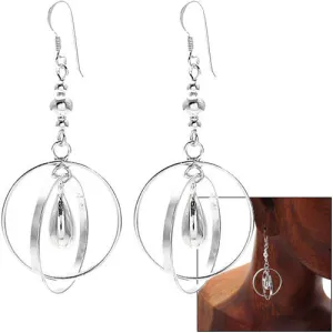 Beautiful and Unique Sterling Silver Teardrop Hanging Inside Interlocking Rings Hook Earrings.