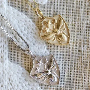 Bee shield necklaces in your choice of 14k yellow or white gold