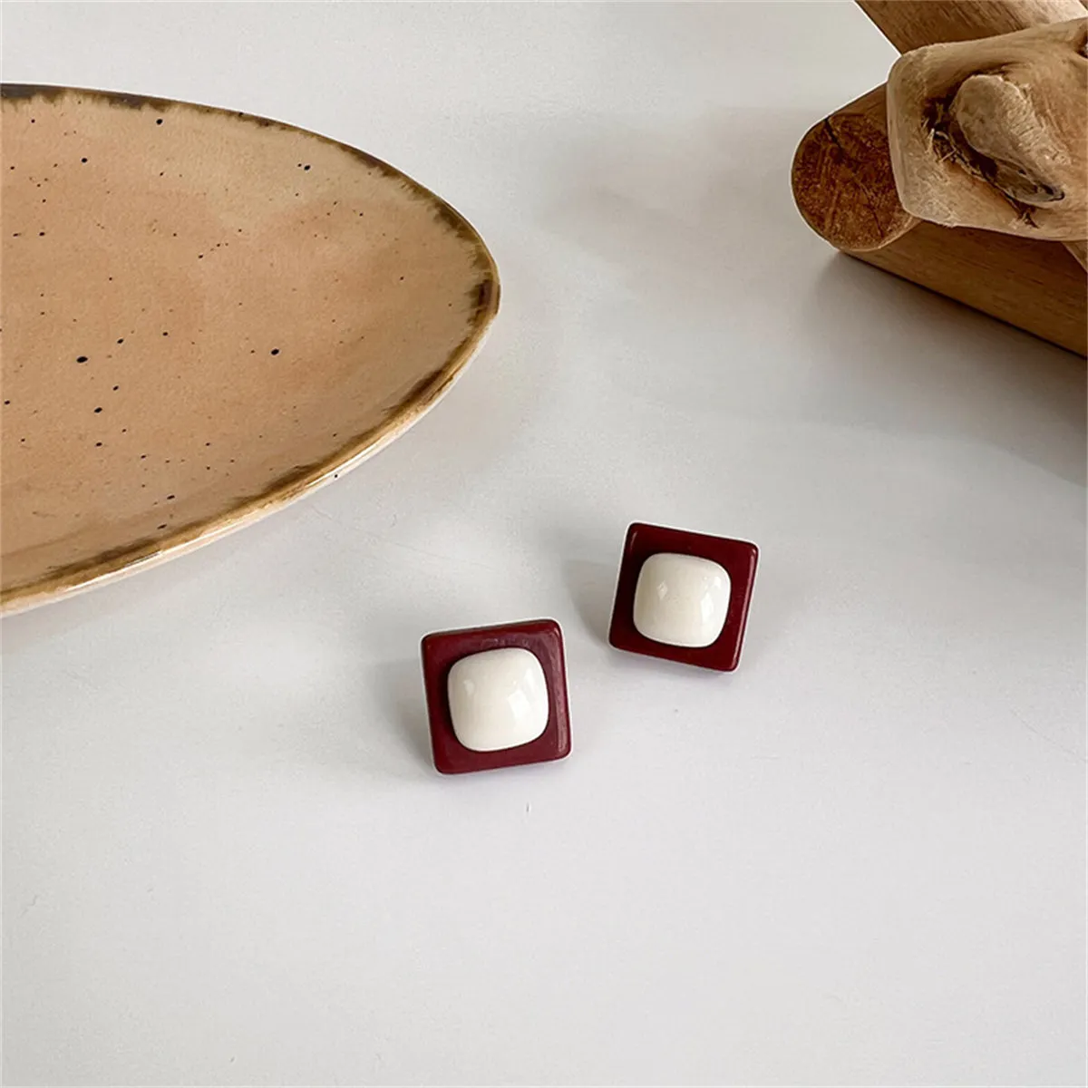 Beige Resin & Silver-Plated Square Stud Earrings