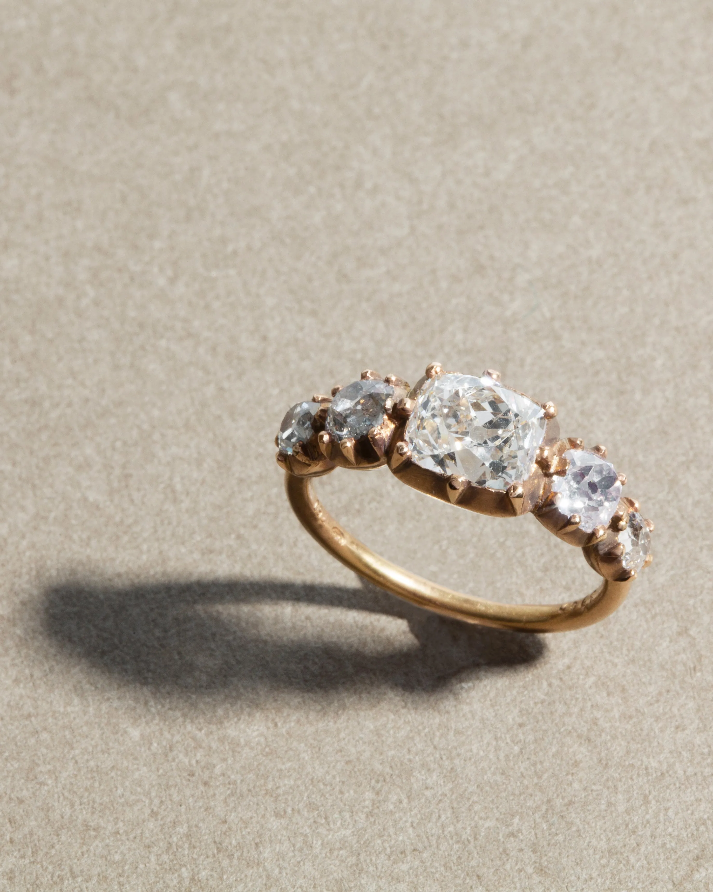 Bell & Bird Cutaway Old Mine Cut Diamond Five Stone Ring