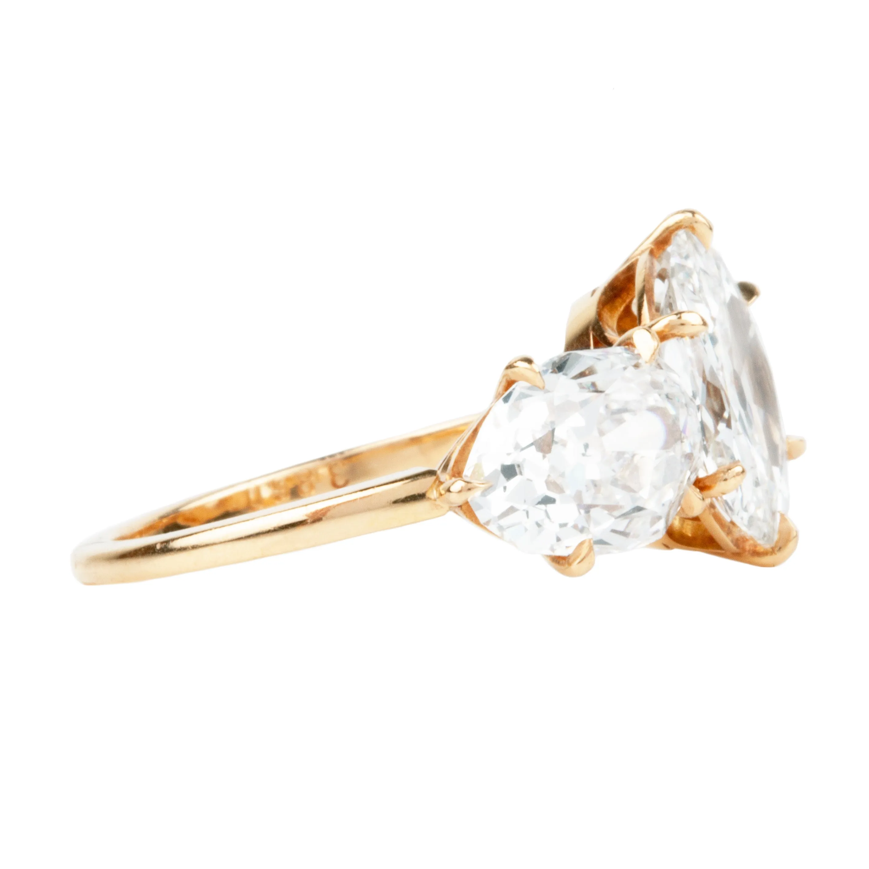 Bell & Bird Three Stone Old Mine Cut and Pear Shaped Diamond Ring