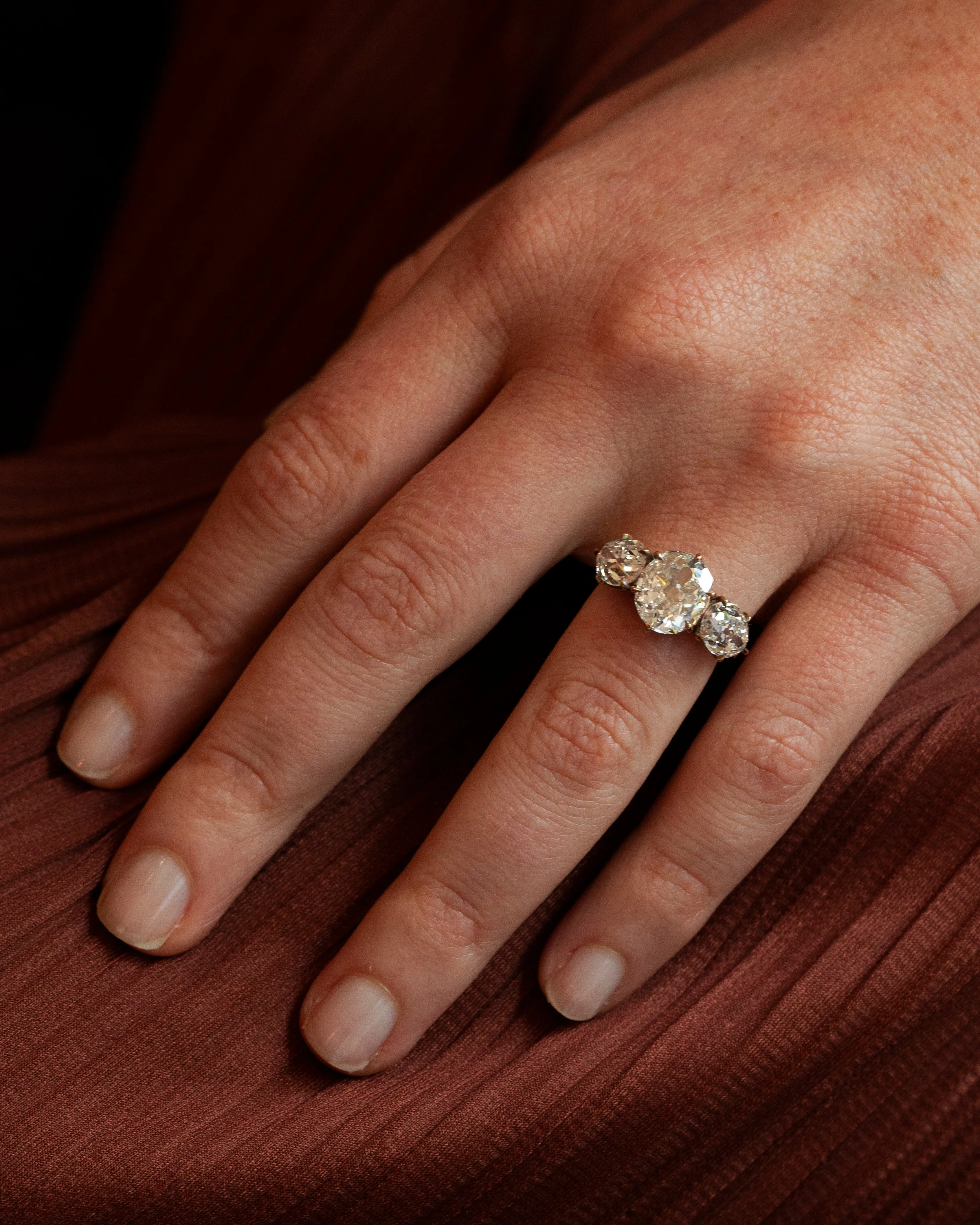 Bell & Bird Three Stone Old Mine Cut and Pear Shaped Diamond Ring