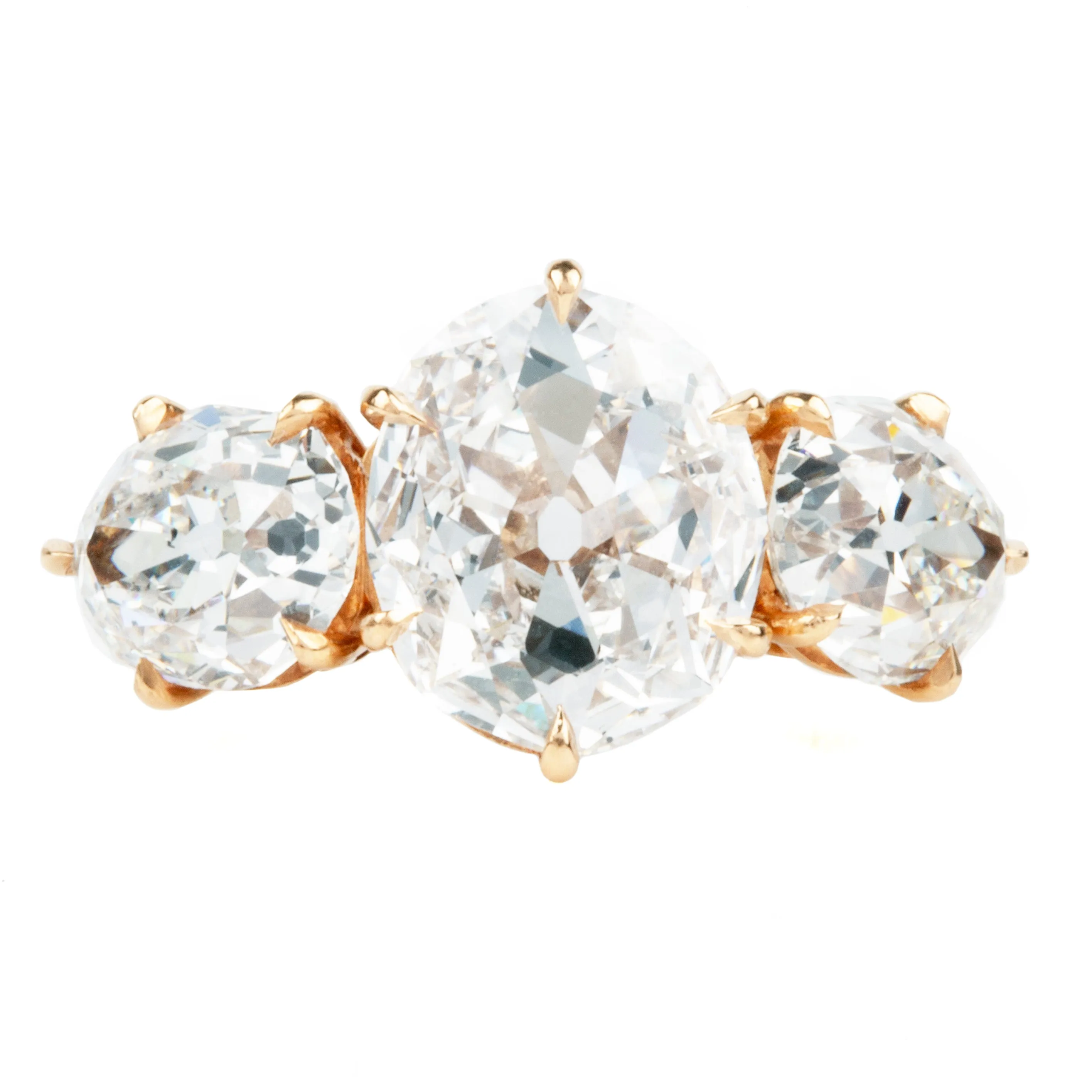 Bell & Bird Three Stone Old Mine Cut and Pear Shaped Diamond Ring