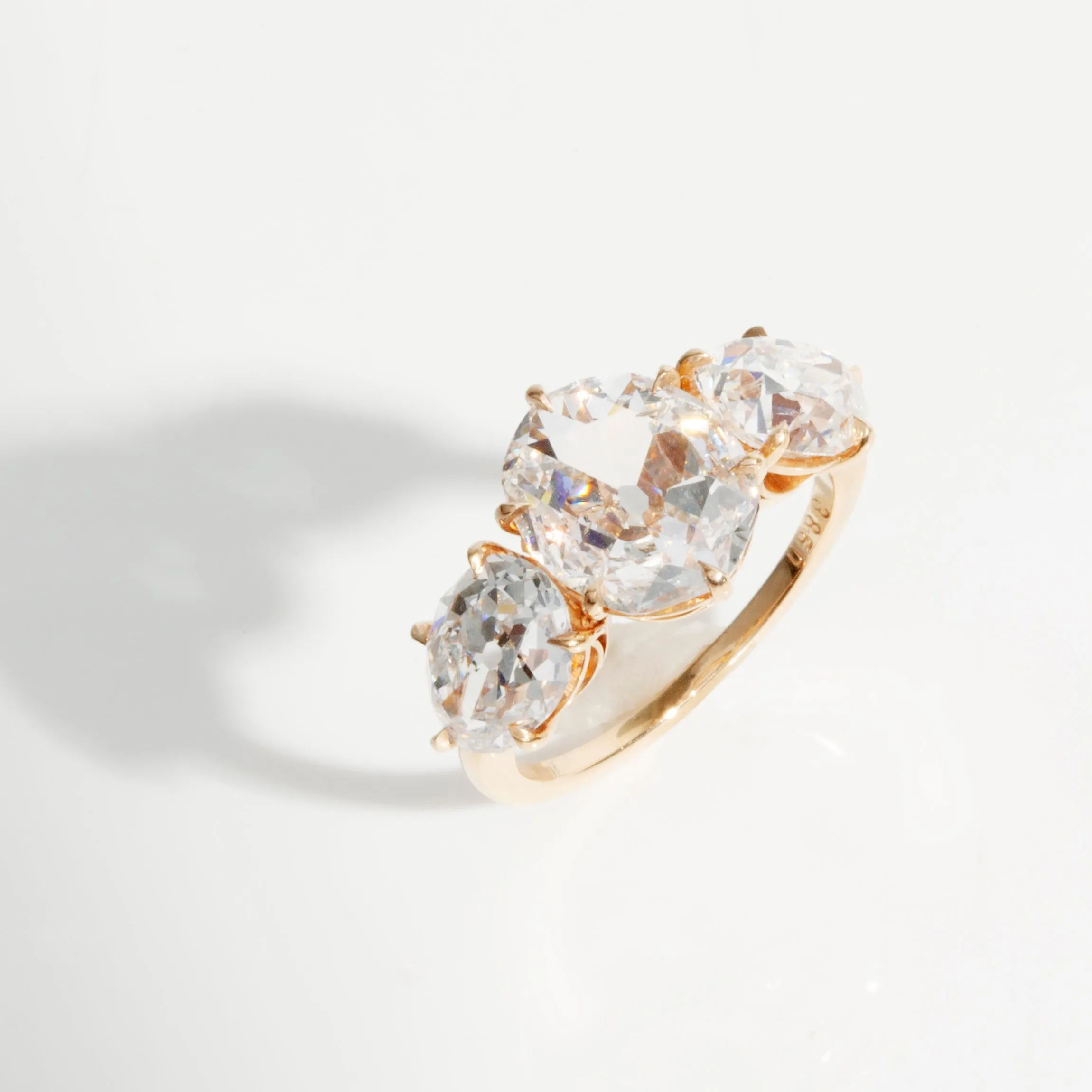 Bell & Bird Three Stone Old Mine Cut and Pear Shaped Diamond Ring