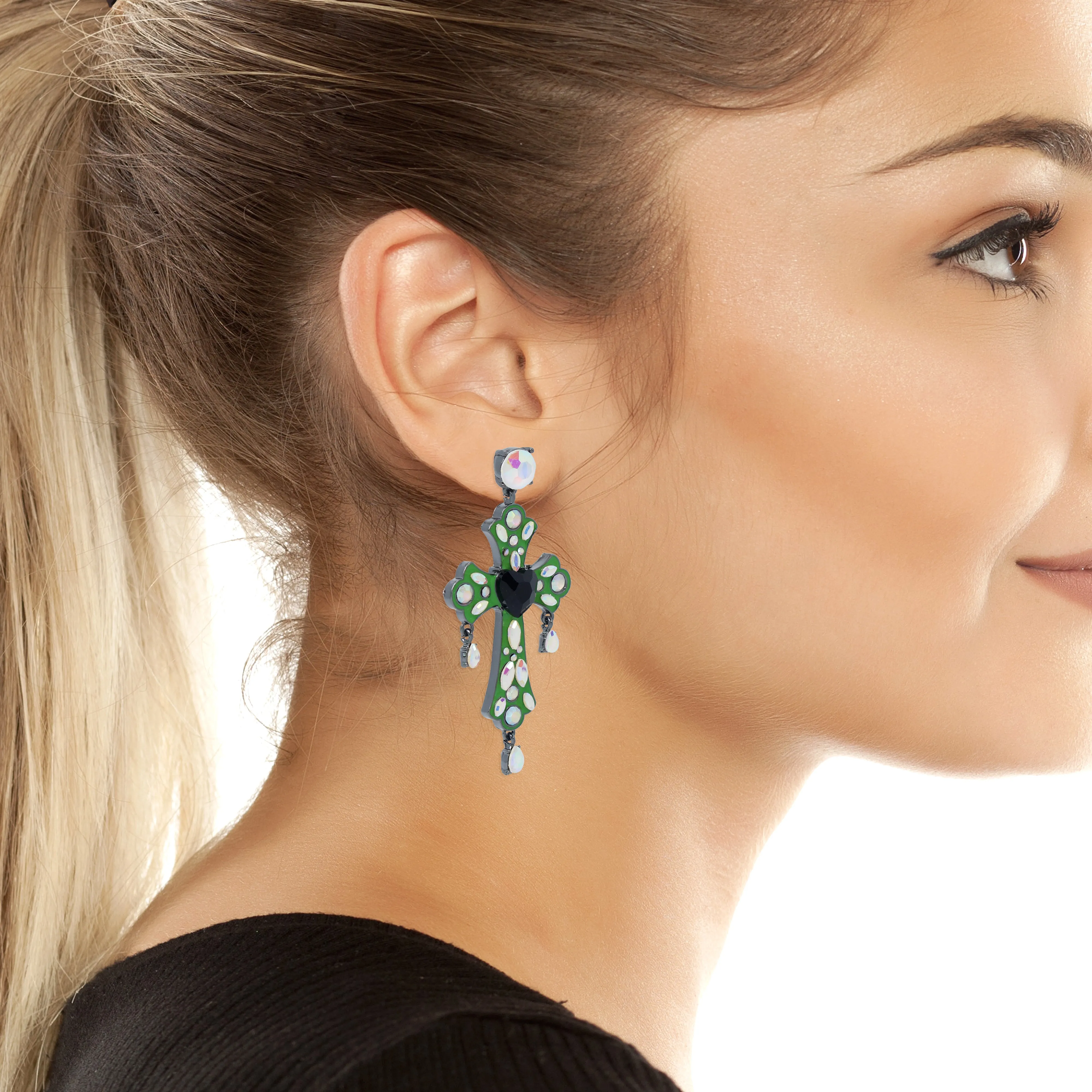 Betsey Johnson Ghoul Friends Stone Cross Drop Earrings