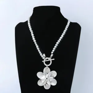 Big Statement Silver Color Suspension Flower Necklace Long Chain Pendant