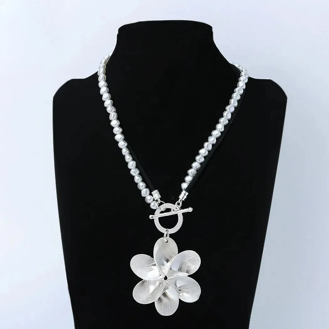 Big Statement Silver Color Suspension Flower Necklace Long Chain Pendant