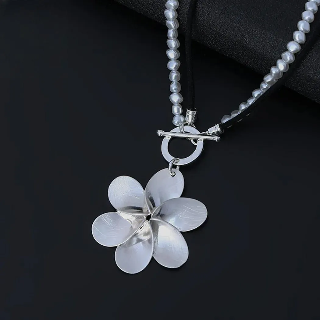 Big Statement Silver Color Suspension Flower Necklace Long Chain Pendant