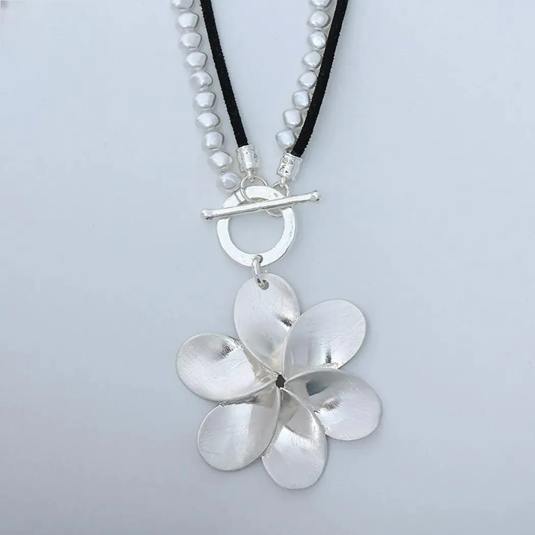 Big Statement Silver Color Suspension Flower Necklace Long Chain Pendant