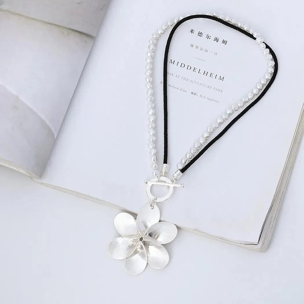 Big Statement Silver Color Suspension Flower Necklace Long Chain Pendant