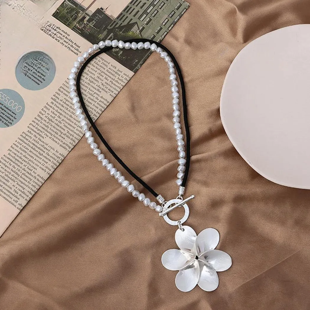 Big Statement Silver Color Suspension Flower Necklace Long Chain Pendant