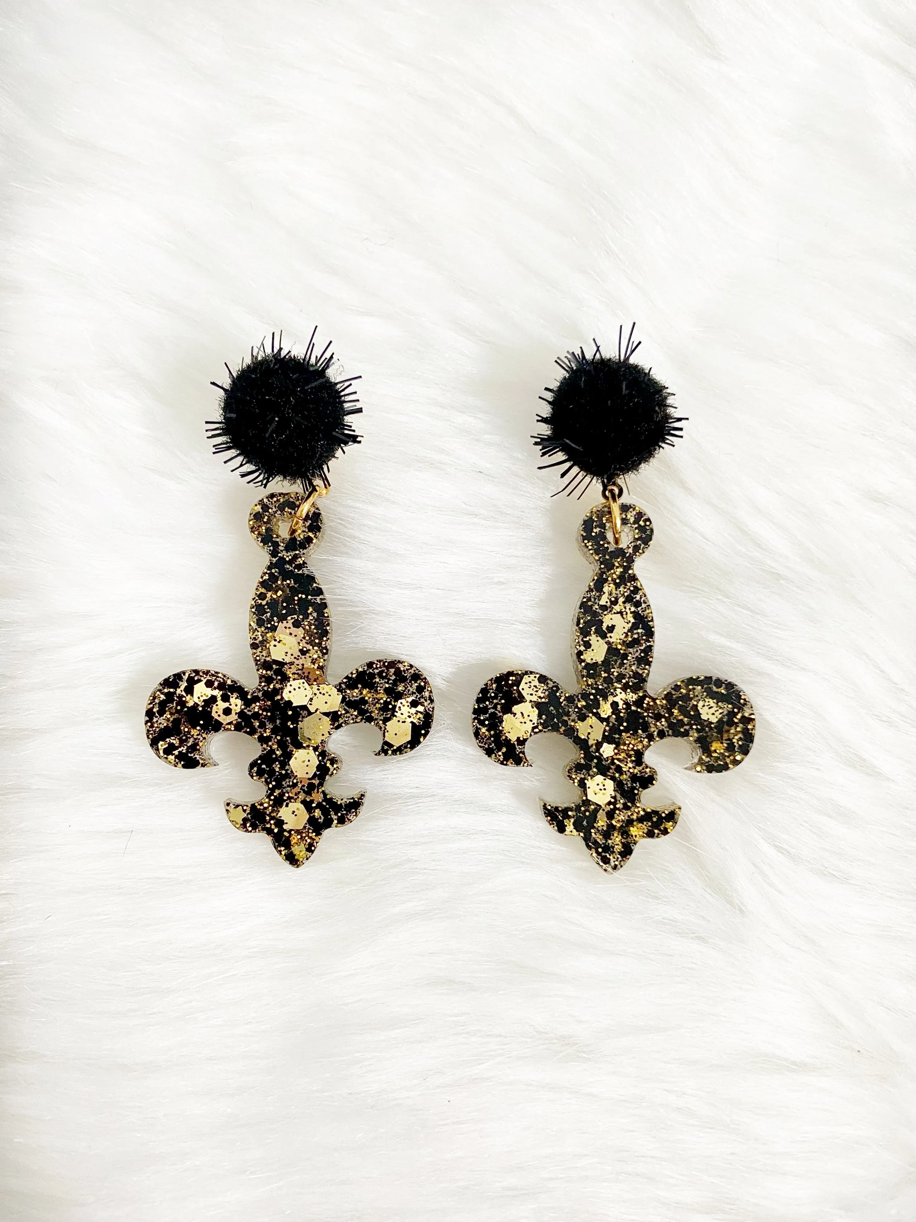 Black & Gold Confetti Fleur De Lis Earring