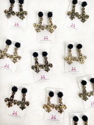 Black & Gold Confetti Fleur De Lis Earring