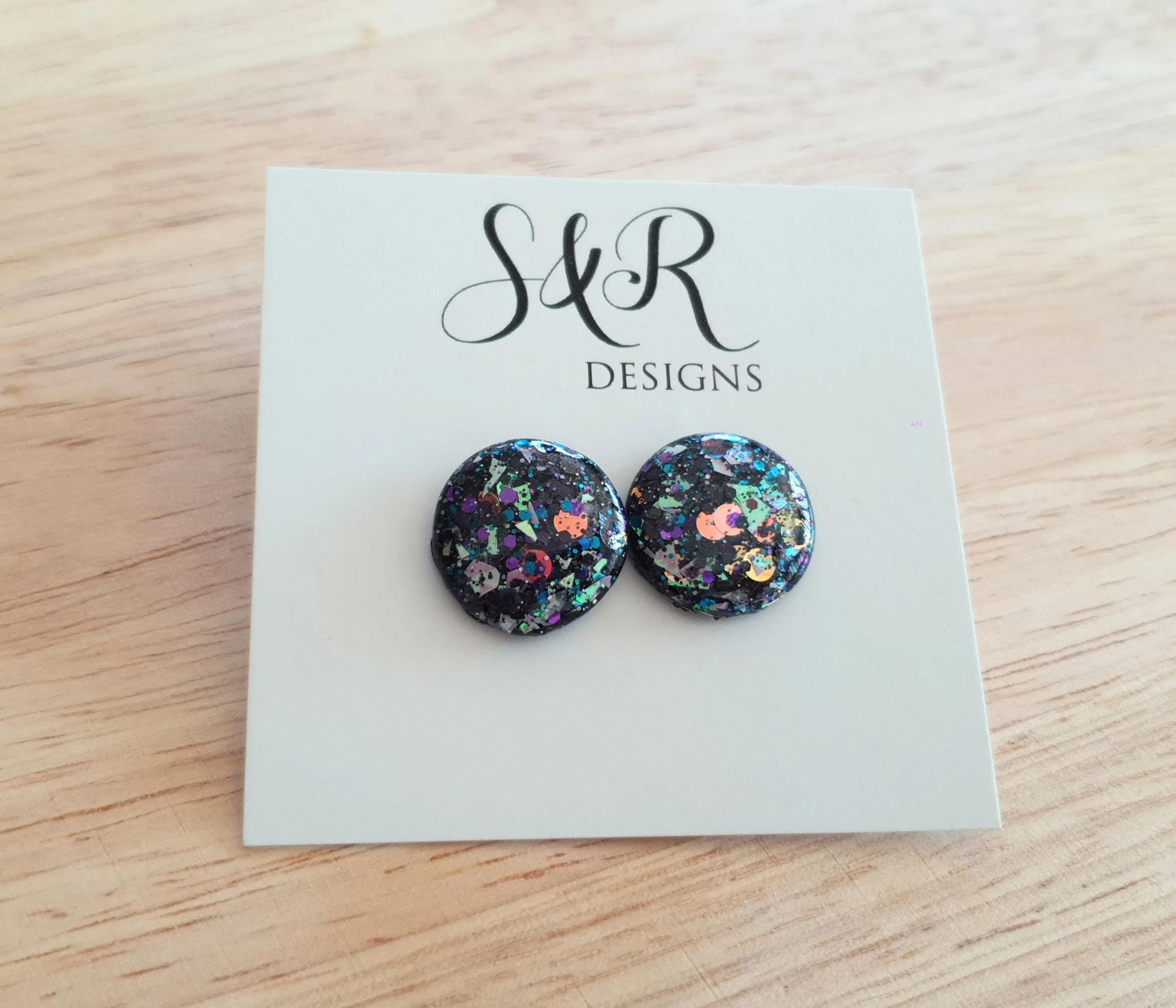 Black Holographic Circle Resin Stud Earrings, Chunky Metalic Mix Glitter Earrings. Stainless Steel Maximalist Studs. 18mm