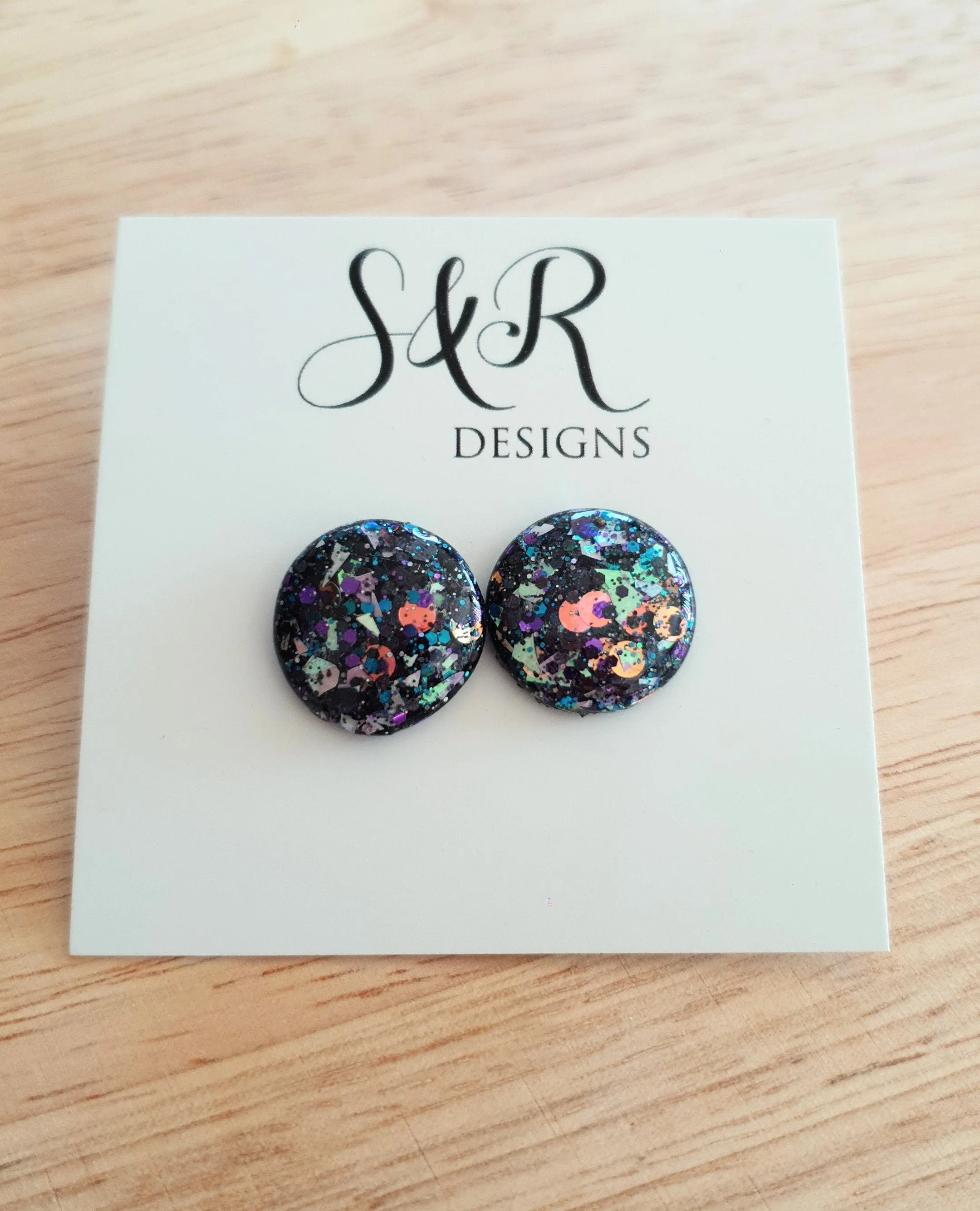 Black Holographic Circle Resin Stud Earrings, Chunky Metalic Mix Glitter Earrings. Stainless Steel Maximalist Studs. 18mm