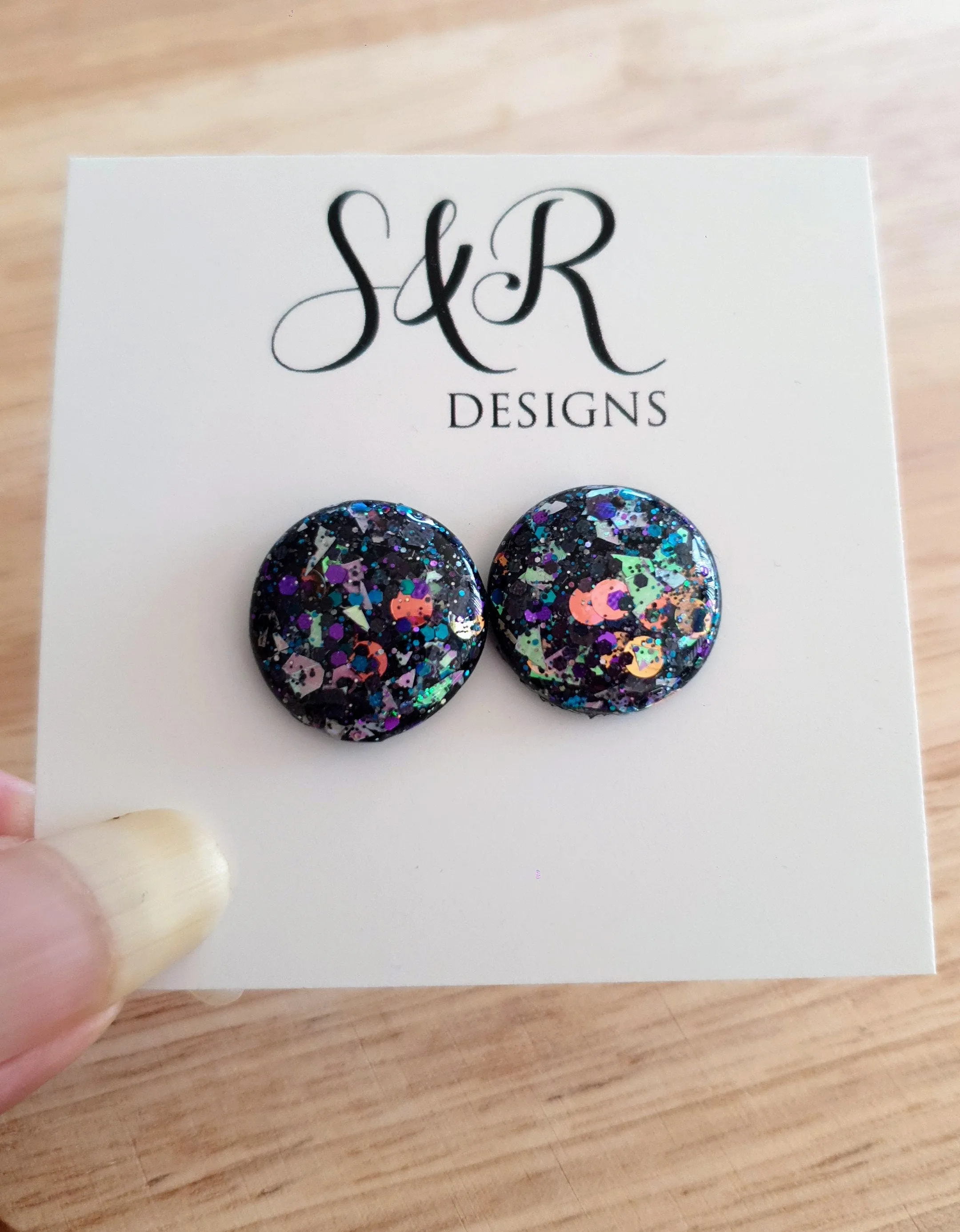 Black Holographic Circle Resin Stud Earrings, Chunky Metalic Mix Glitter Earrings. Stainless Steel Maximalist Studs. 18mm