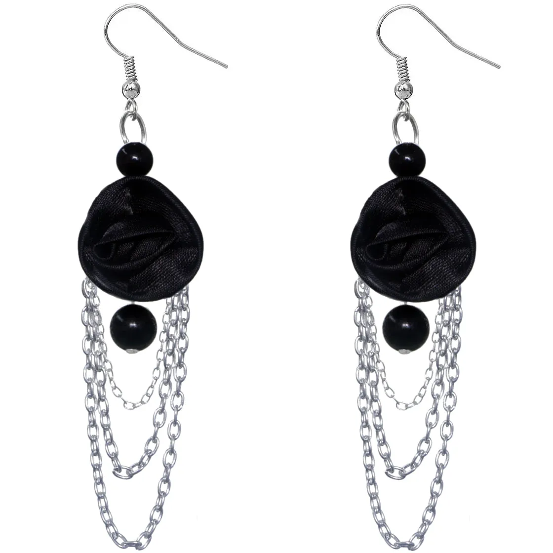 Black Long Drop Chain Flower Earrings