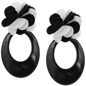 Black White Oval Floral Resin Earrings