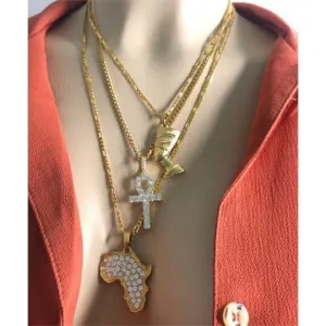 Bling Ankh necklace Nefertiti necklace and africa map necklace 3 piece set
