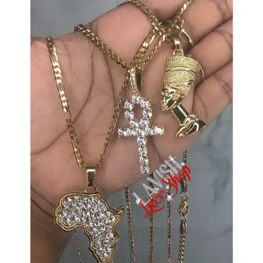 Bling Ankh necklace Nefertiti necklace and africa map necklace 3 piece set