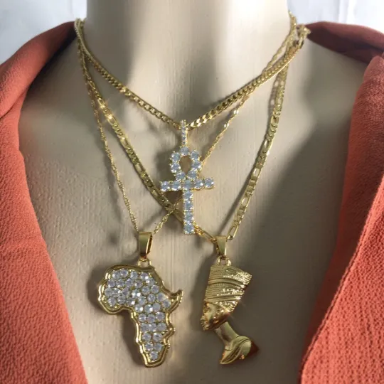 Bling Ankh necklace Nefertiti necklace and africa map necklace 3 piece set