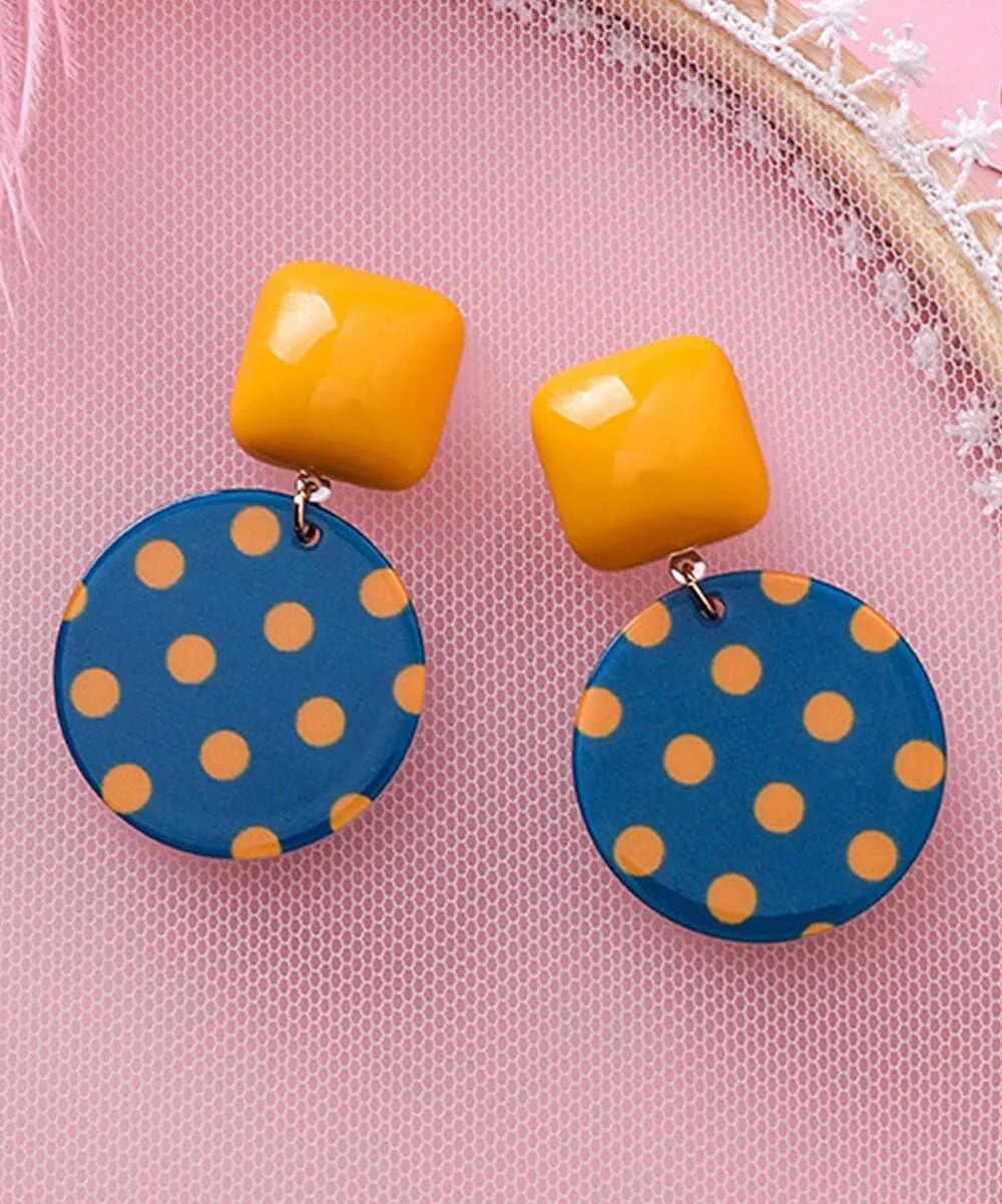 Blue & Orange Polka Dot Geometric Drop Earrings