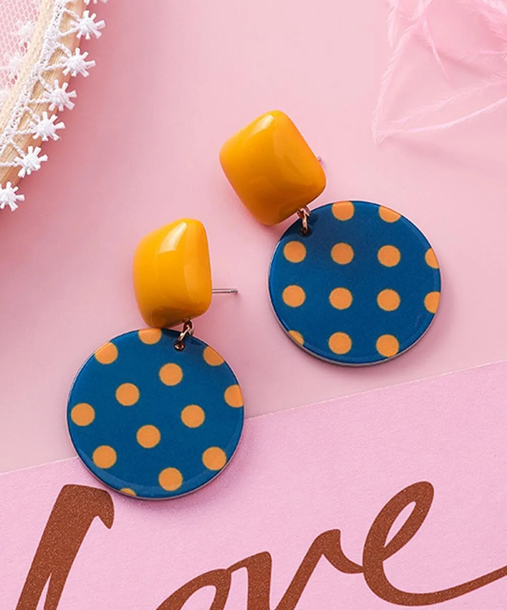 Blue & Orange Polka Dot Geometric Drop Earrings