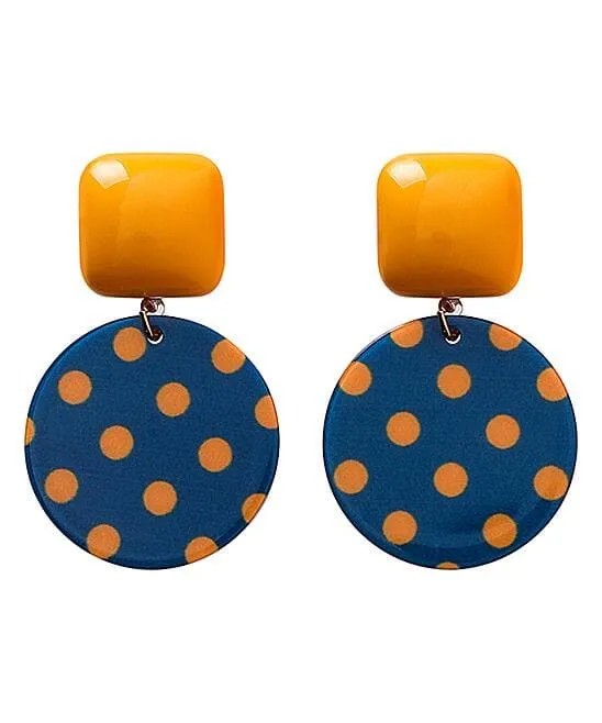 Blue & Orange Polka Dot Geometric Drop Earrings