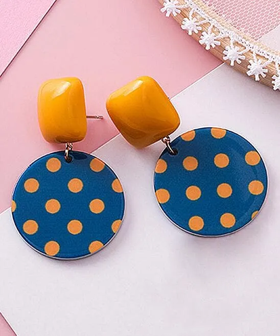 Blue & Orange Polka Dot Geometric Drop Earrings