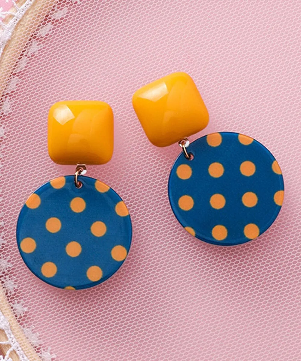 Blue & Orange Polka Dot Geometric Drop Earrings