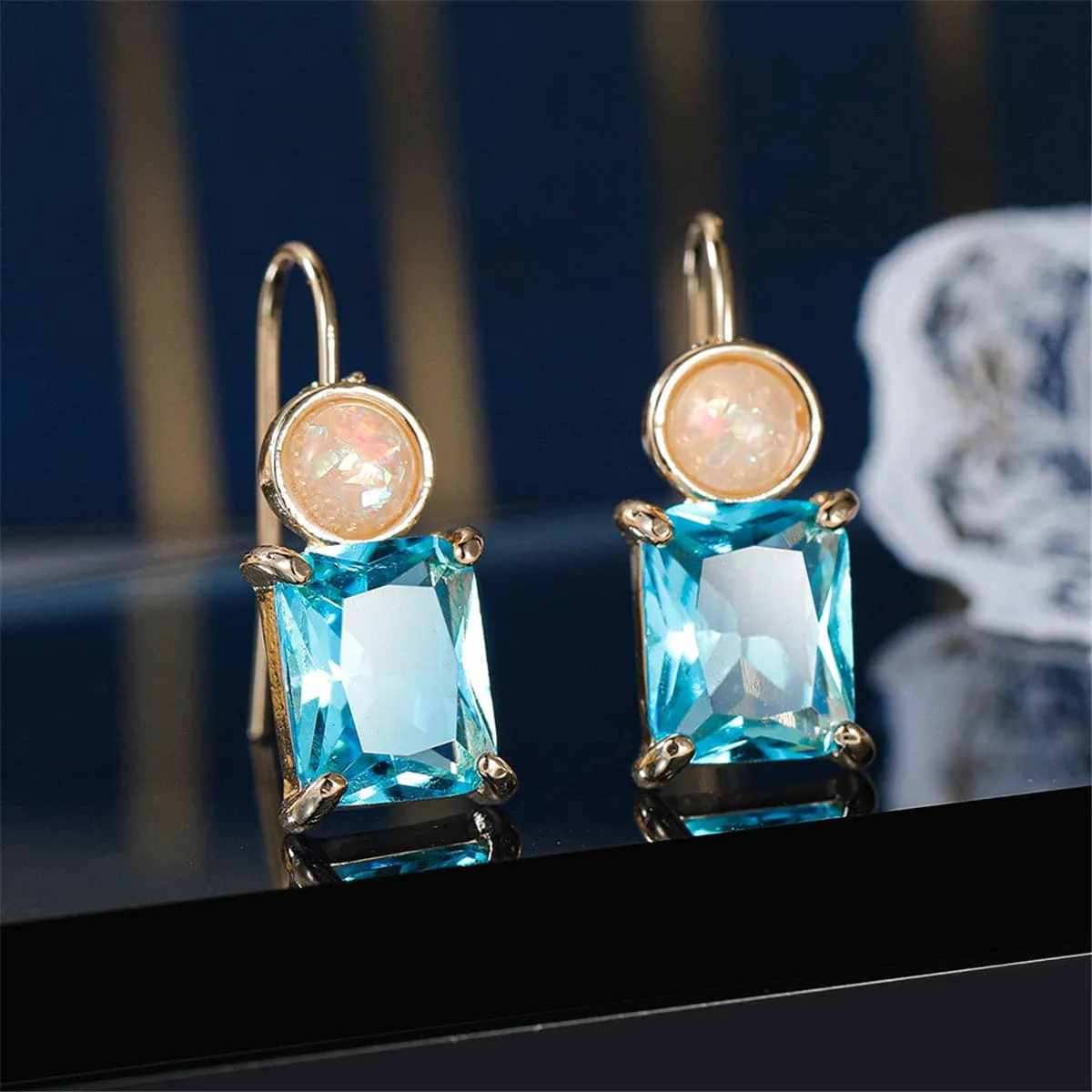 Blue Crystal & Resin Stacked Circle Drop Earrings