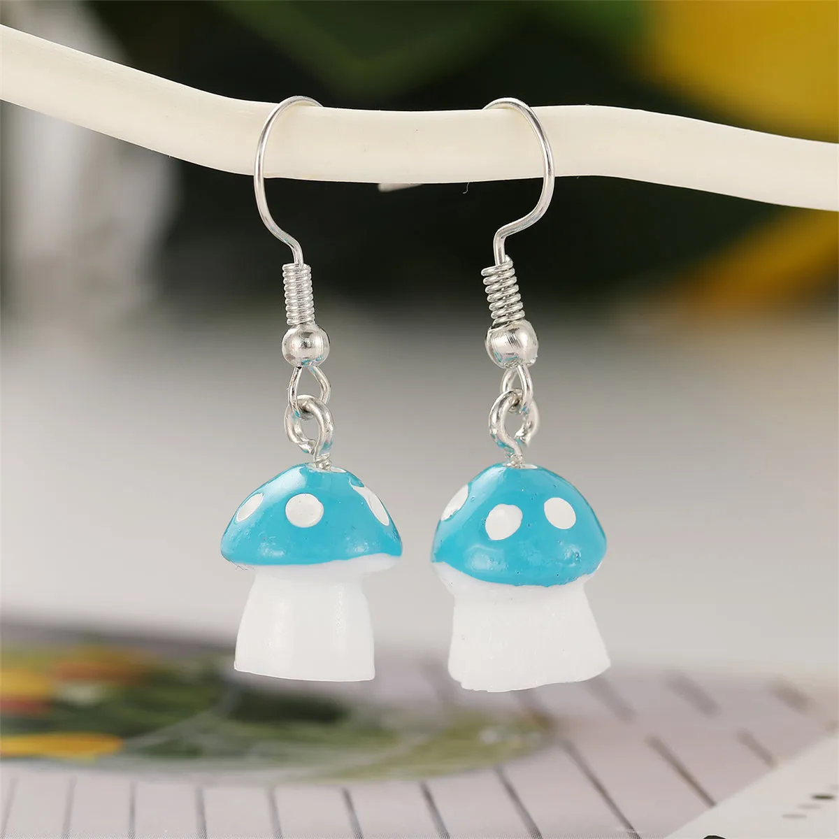 Blue Resin & Silver-Plated Dot Mushroom Drop Earrings