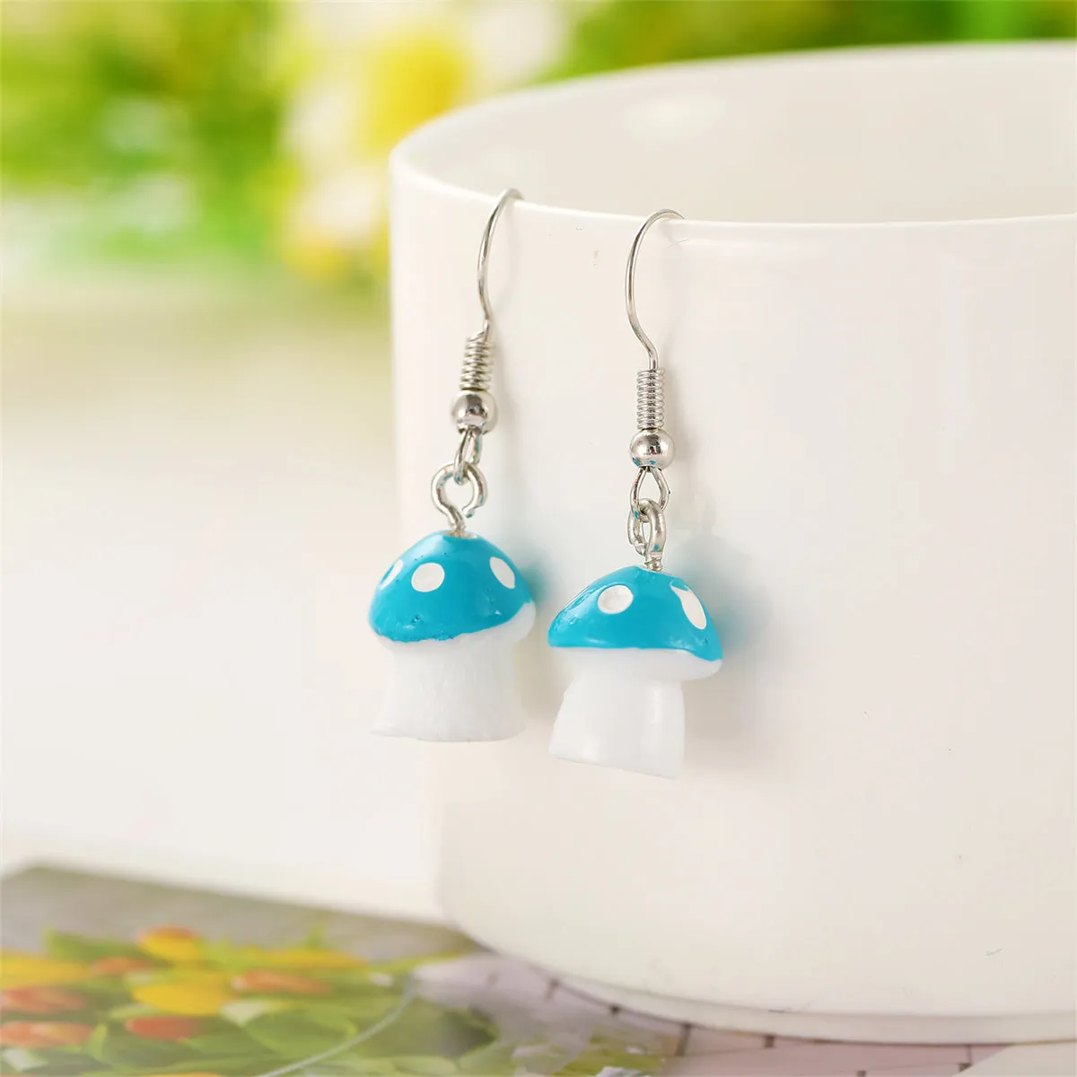 Blue Resin & Silver-Plated Dot Mushroom Drop Earrings