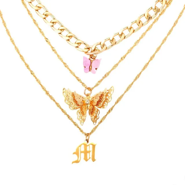 Bohemian Multilayer Necklaces For Women Men Gold Butterfly Portrait Coin Cross Crystal Chokers Necklace Trendy New Jewelry Gifts