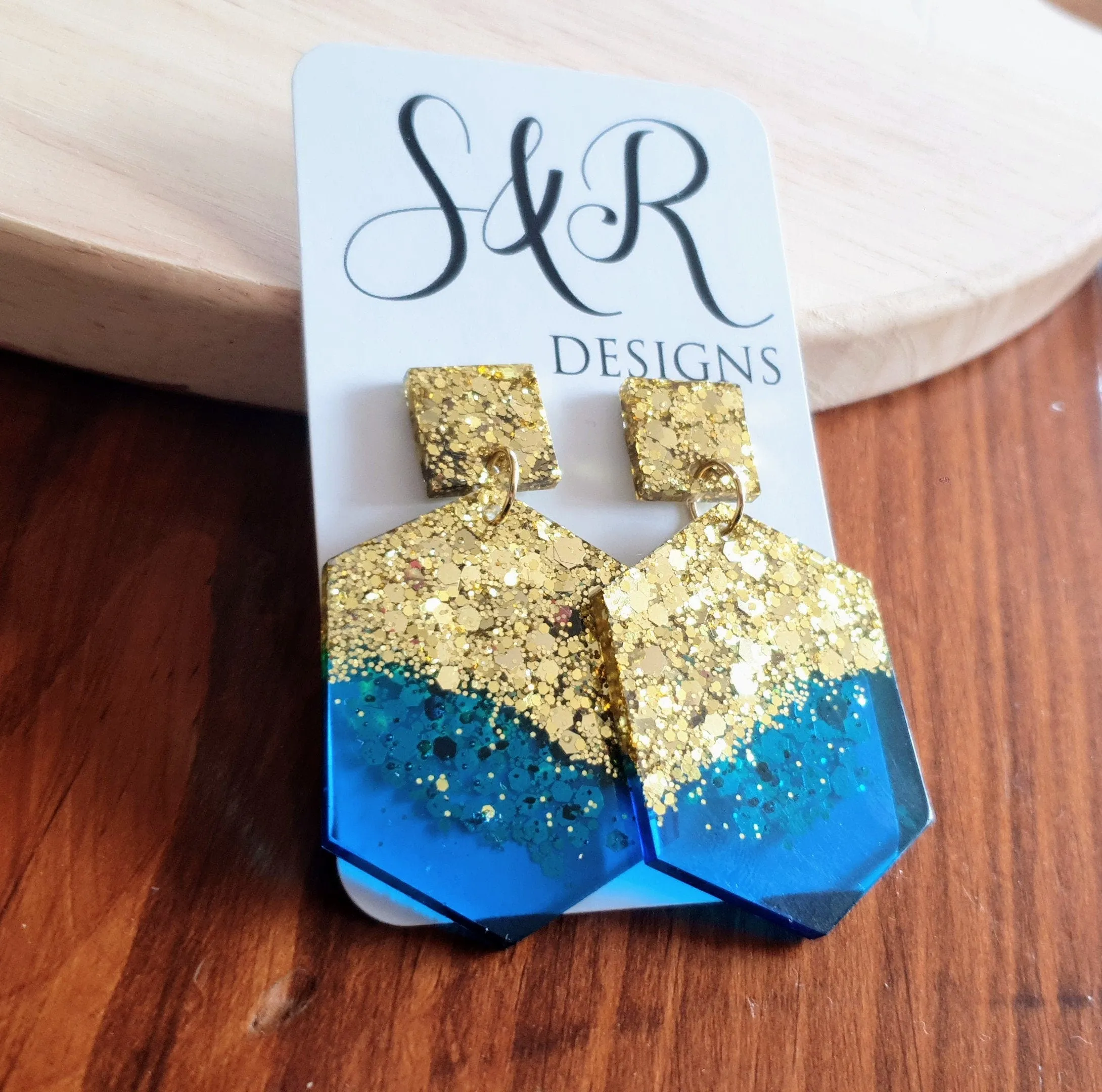 Brilliant Blue Hexagon Square Dangle Drop Earrings, Blue Resin with Gold Glitter Handmade Post Earrings, Statement Earrings, Jewellery Lover