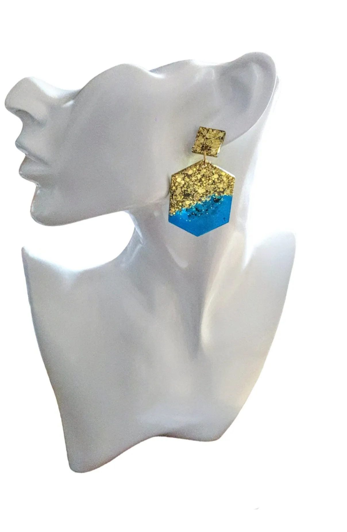 Brilliant Blue Hexagon Square Dangle Drop Earrings, Blue Resin with Gold Glitter Handmade Post Earrings, Statement Earrings, Jewellery Lover