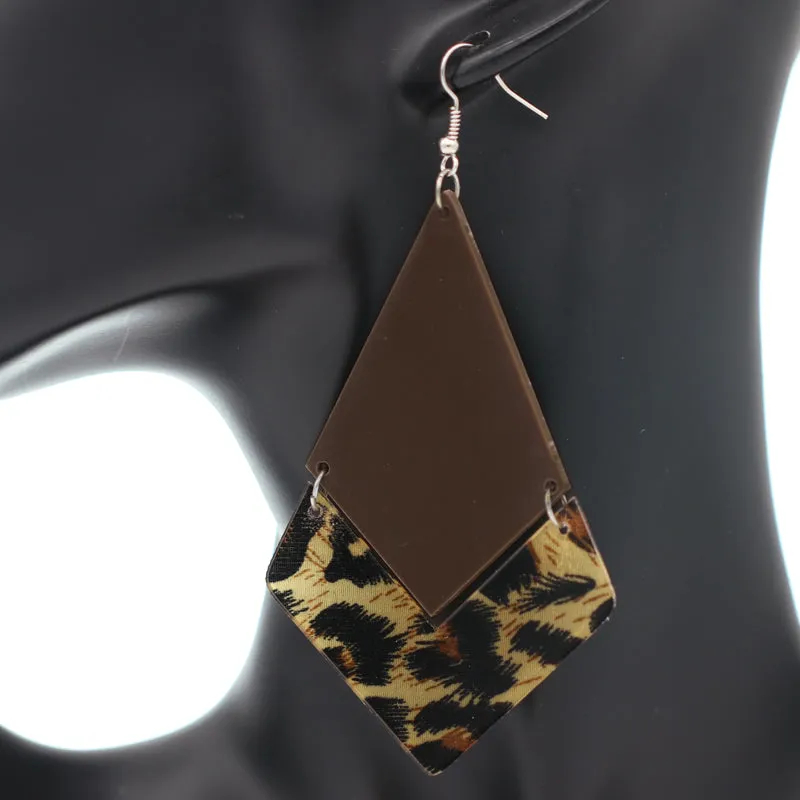 Brown Geometric Leopard Print Dangle Earrings