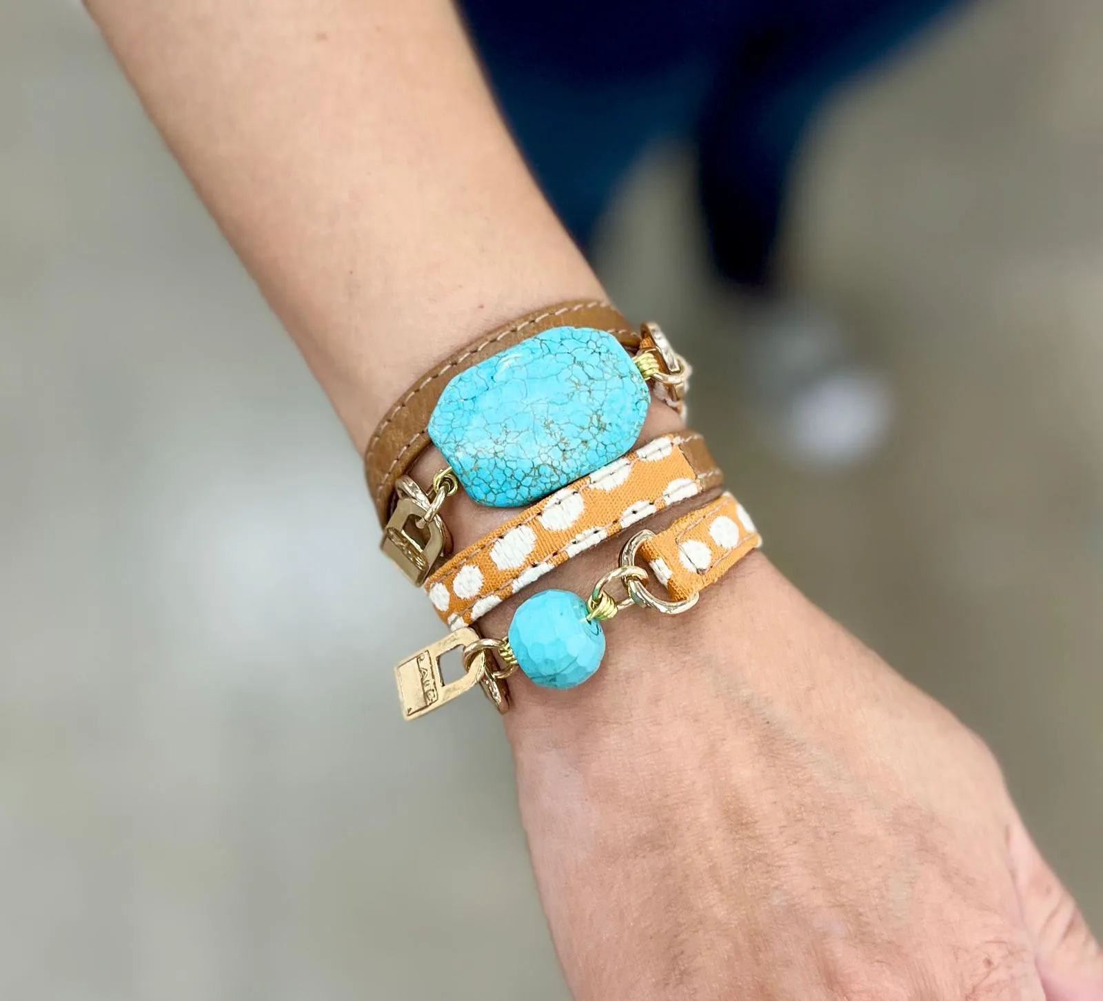 Bundle Bracelet with Camel Leather & Orange Dots Fabric Band with Turquoise Stone