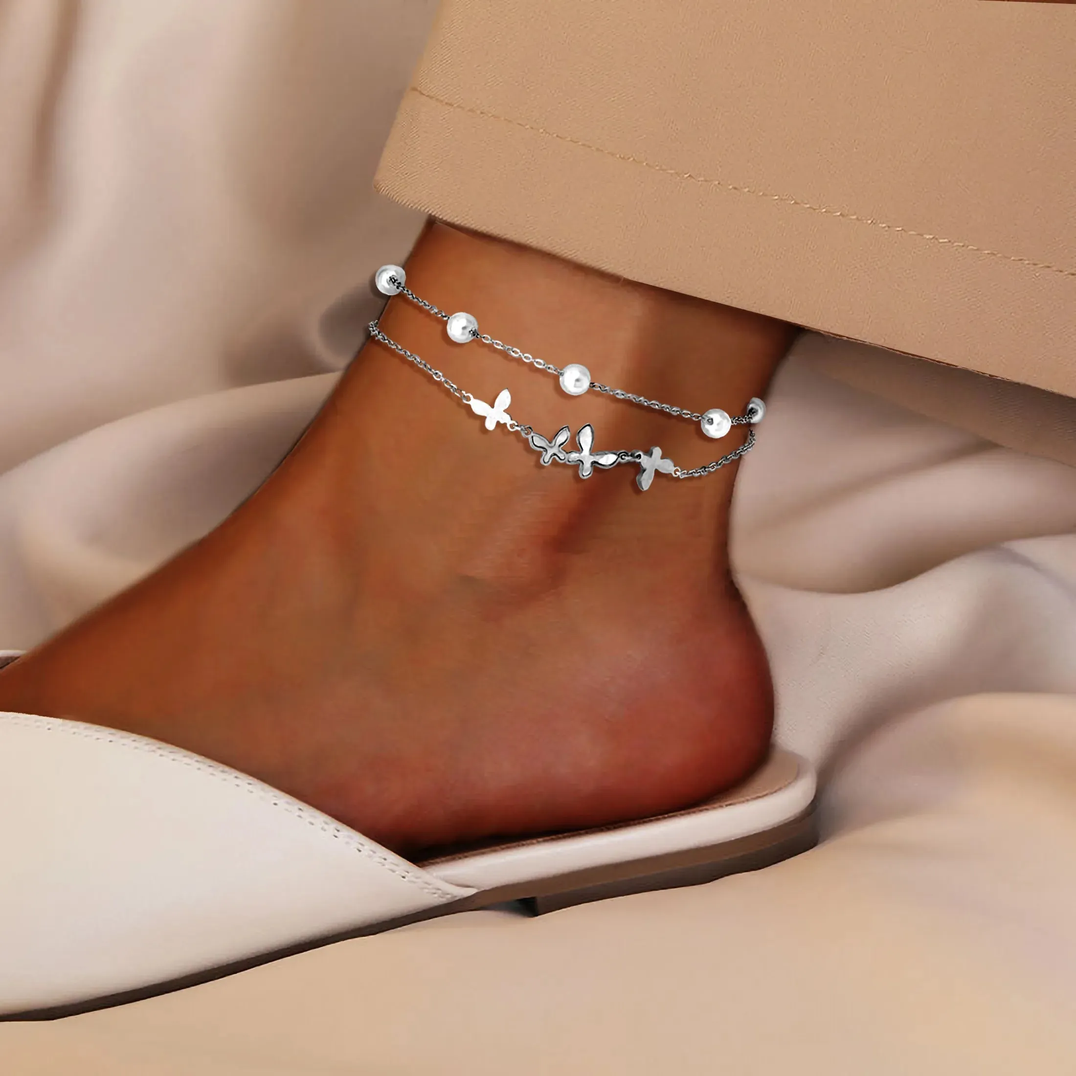 Butterfly Stainless Steel Plating Inlay Zircon 18k Gold Plated Silver Plated Women's Anklet