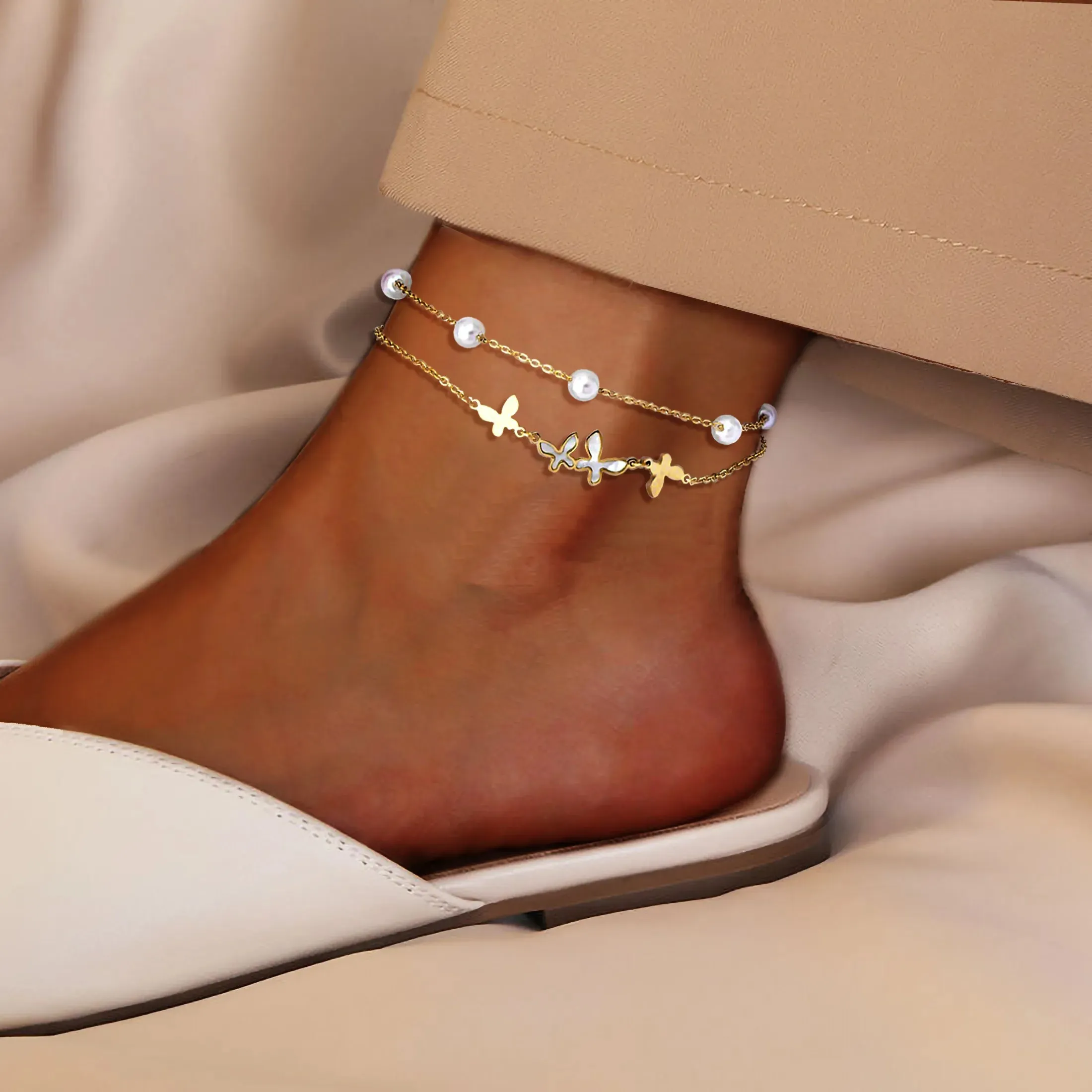 Butterfly Stainless Steel Plating Inlay Zircon 18k Gold Plated Silver Plated Women's Anklet