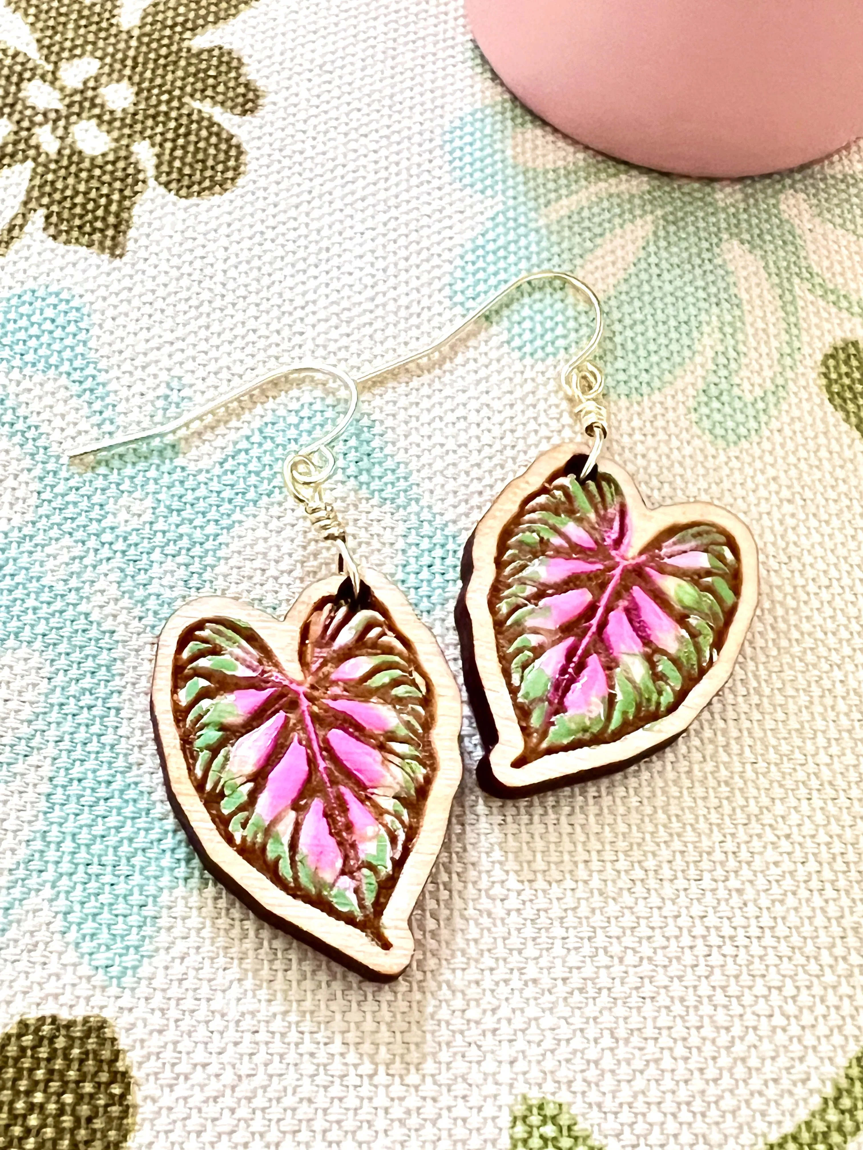 Caladium Fancy Leaf “Rosebud” Drop Earrings