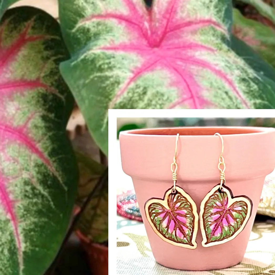 Caladium Fancy Leaf “Rosebud” Drop Earrings