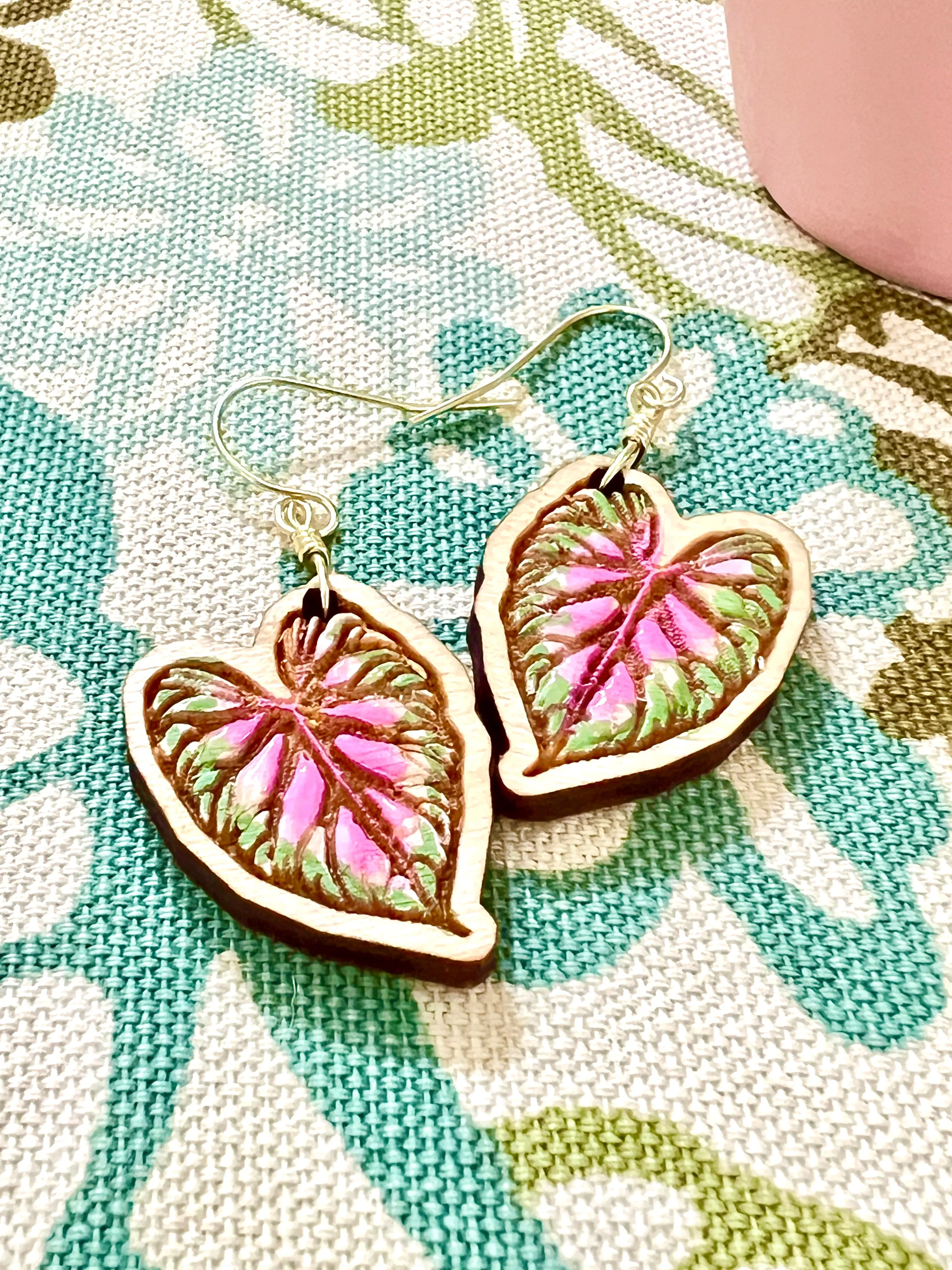 Caladium Fancy Leaf “Rosebud” Drop Earrings